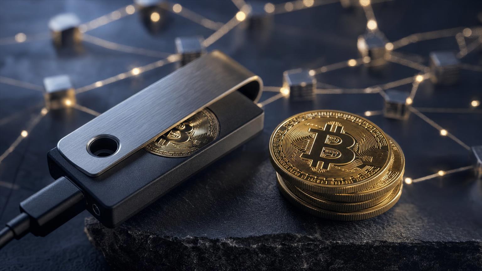 A hardware wallet displaying a Bitcoin transaction while the user checks the destination address, amount, and network fee